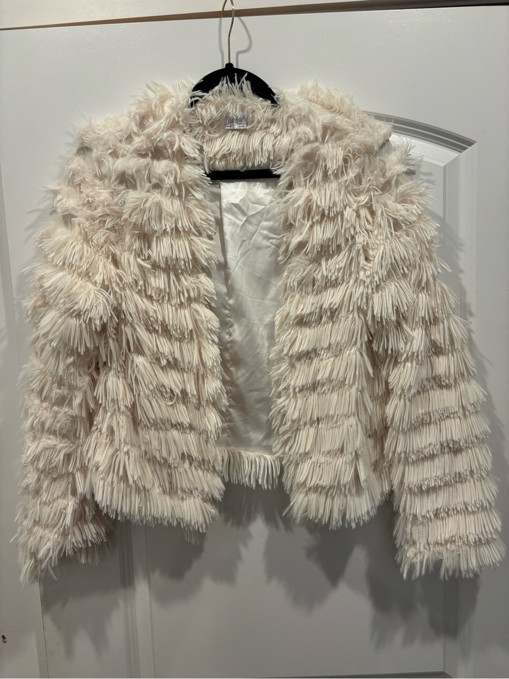 Selfie Leslie Cream Faux Fringe Shag Jacket